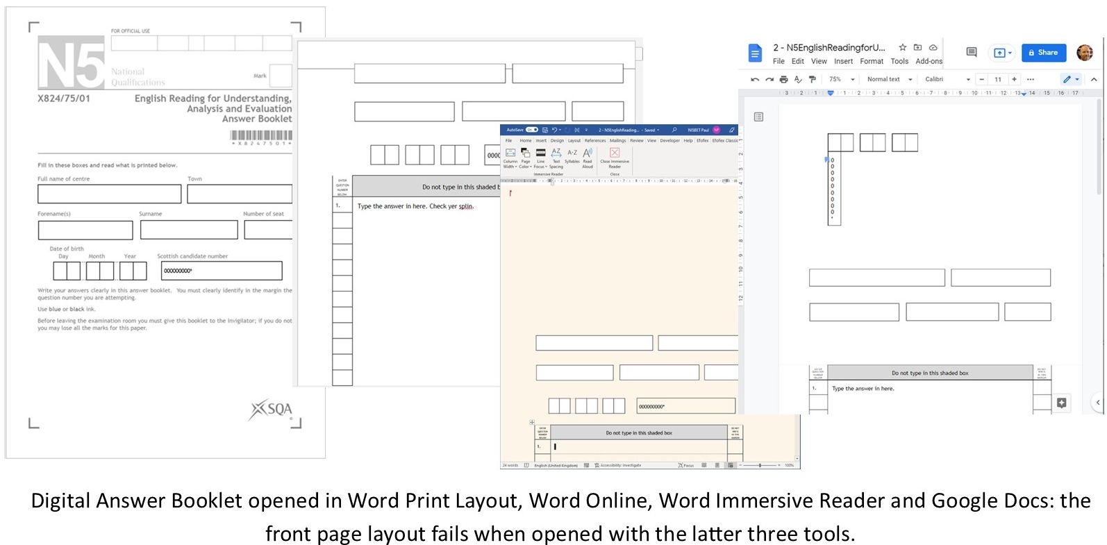 Screen shots showing a digital answer box opened in Word Print Layout and how the front page layout fails when opened in Word Online, Immersive reader and Google Docsr